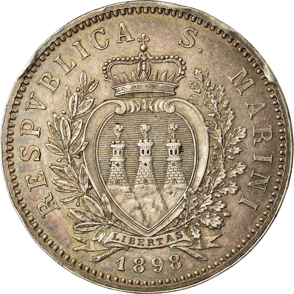 Coin, San Marino, 5 Lire, 1898, Rome, AU(50-53), Silver, KM:6