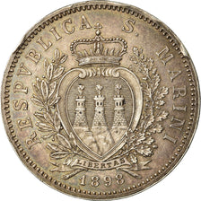 Coin, San Marino, 5 Lire, 1898, Rome, AU(50-53), Silver, KM:6
