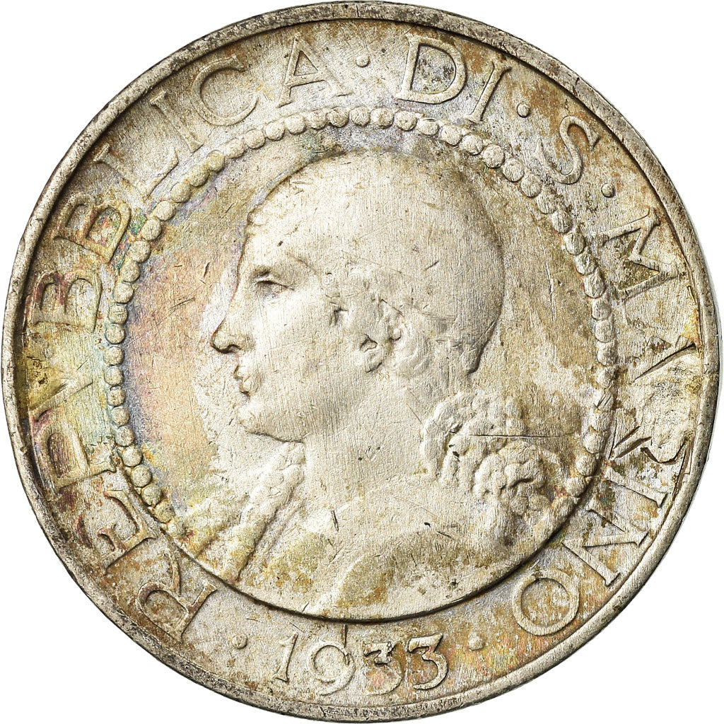 Coin, San Marino, 5 Lire, 1933, Rome, VF(30-35), Silver, KM:9