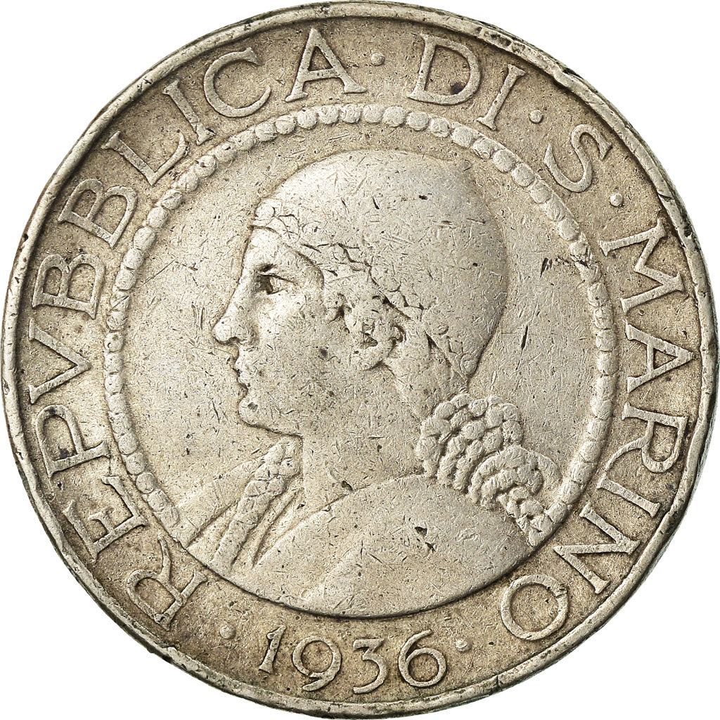 Coin, San Marino, 5 Lire, 1936, Rome, VF(30-35), Silver, KM:9