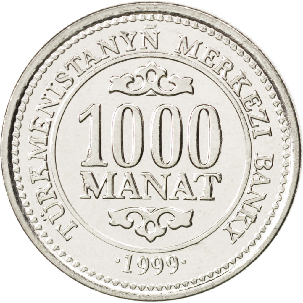 TURKMENISTAN, 1000 Manat, 1999, KM #13, MS(63), Nickel Clad Steel, 4.89
