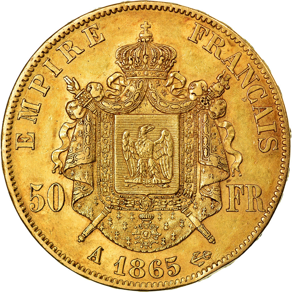 Moeda, França, Napoleon III, 50 Francs, 1865, Paris, AU(50-53), Dourado