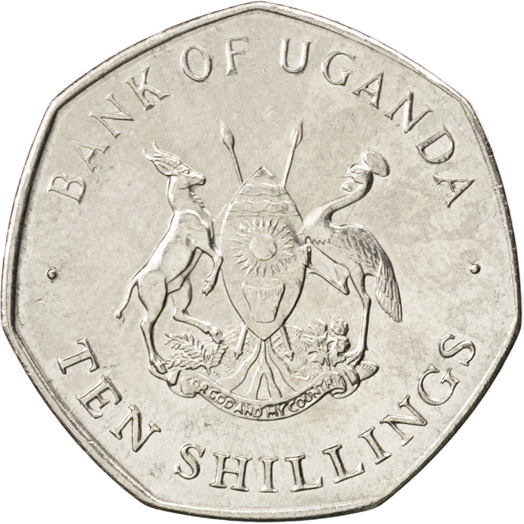 Coin, Uganda, 10 Shillings, 1987, MS(63), Nickel plated steel, KM:30