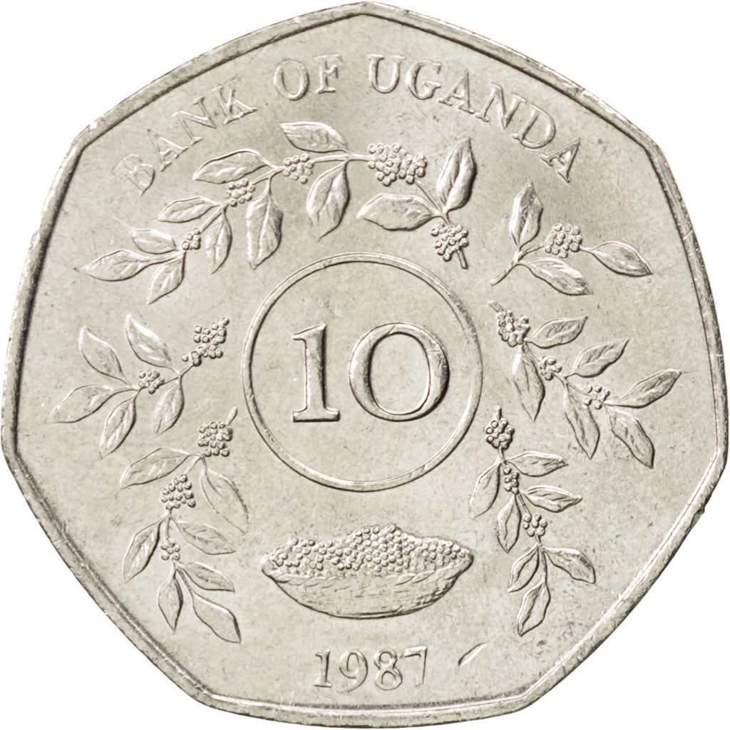 Coin, Uganda, 10 Shillings, 1987, MS(63), Nickel plated steel, KM:30