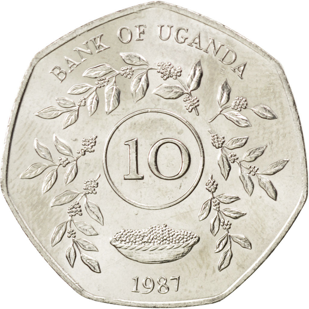 Uganda, 10 Shillings, 1987, SPL, Acciaio placcato nichel, KM:30