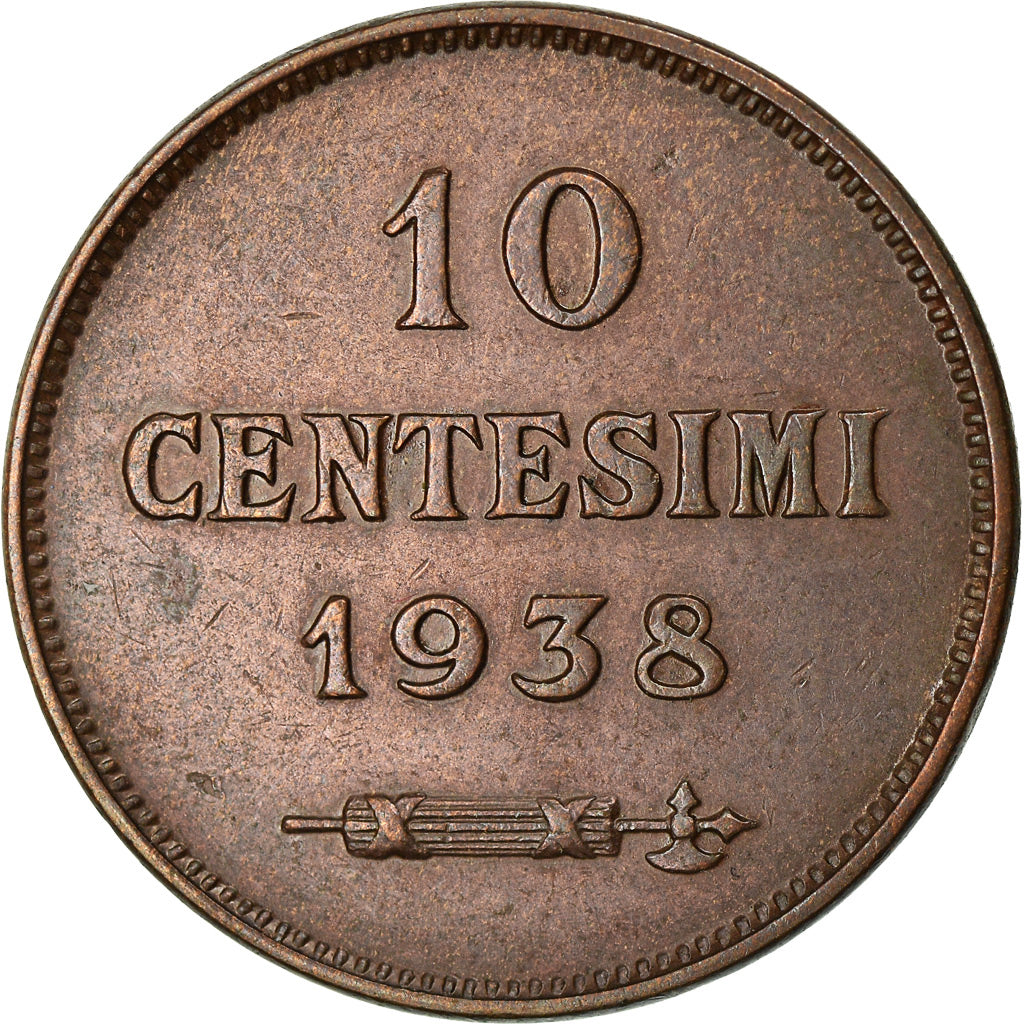 Moeda, San Marino, 10 Centesimi, 1938, Rome, AU(55-58), Bronze, KM:13