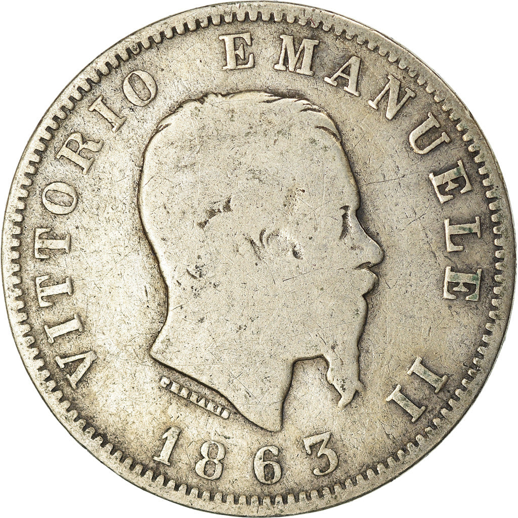 Moeda, Itália, Vittorio Emanuele II, Lira, 1863, Milan, F(12-15), Prata