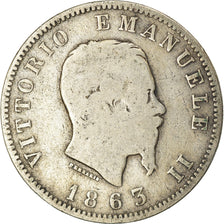 Moeda, Itália, Vittorio Emanuele II, Lira, 1863, Milan, F(12-15), Prata