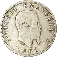 Moneta, Italia, Vittorio Emanuele II, Lira, 1863, Milan, B+, Argento, KM:5a.1