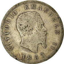 Moneda, Italia, Vittorio Emanuele II, Lira, 1863, Milan, BC, Plata, KM:5a.1