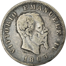Moneda, Italia, Vittorio Emanuele II, Lira, 1863, Milan, BC+, Plata, KM:5a.1