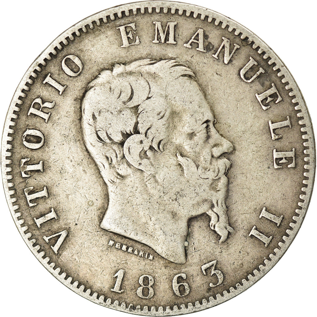 Moneda, Italia, Vittorio Emanuele II, Lira, 1863, Milan, BC+, Plata, KM:5a.1