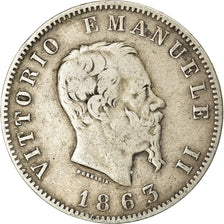 Moneda, Italia, Vittorio Emanuele II, Lira, 1863, Milan, BC+, Plata, KM:5a.1