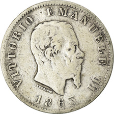 Italia, Vittorio Emanuele II, Lira, 1863, Torino, MB, Argento, KM:5a.2
