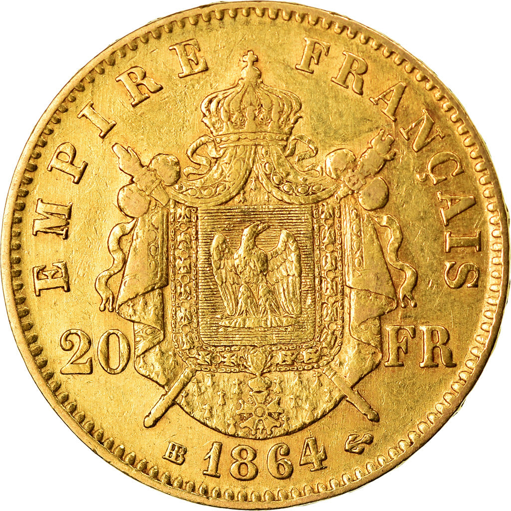Moeda, França, Napoleon III, Napoléon III, 20 Francs, 1864, Strasbourg