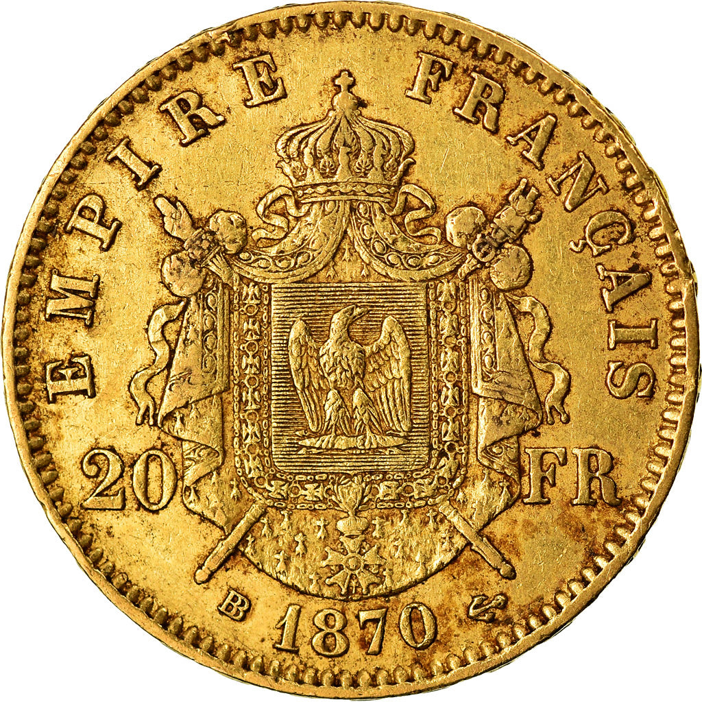 Moneda, Francia, Napoleon III, Napoléon III, 20 Francs, 1870, Strasbourg, MBC+