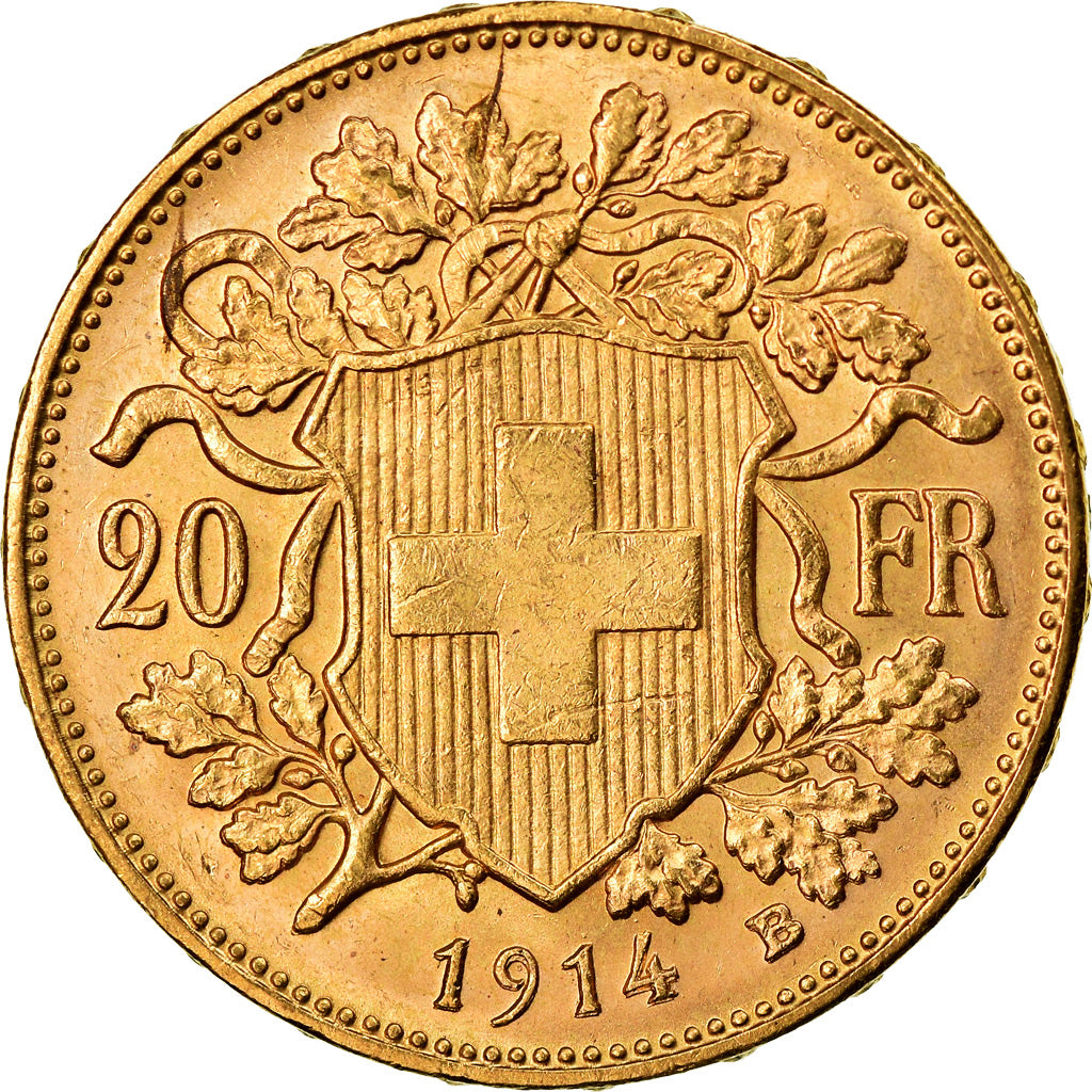 Coin, Switzerland, 20 Francs, 1914, Bern, MS(63), Gold, KM:35.1