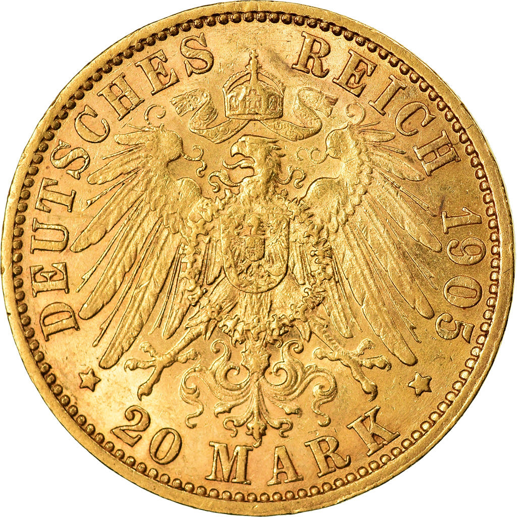Coin, German States, PRUSSIA, Wilhelm II, 20 Mark, 1905, Hambourg, AU(55-58)