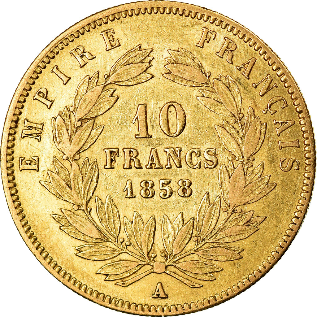 Moneda, Francia, Napoleon III, Napoléon III, 10 Francs, 1858, Paris, BC+, Oro