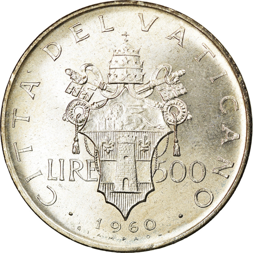 Moeda, CIDADE DO VATICANO, John XXIII, 500 Lire, 1960, MS(63), Prata, KM:65.2