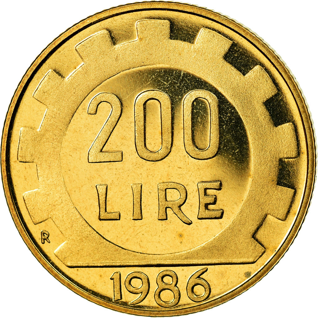 Moeda, Itália, 200 Lire, 1986, Rome, Proof, MS(65-70), Alumínio-Bronze, KM:105