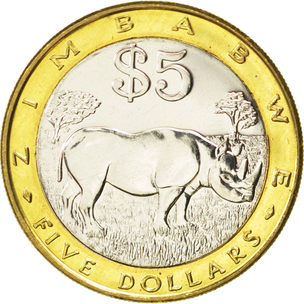 ZIMBABWE, 5 Dollars, 2002, Harare, KM #13, MS(63), Bi-Metallic, 27.4, 8.98