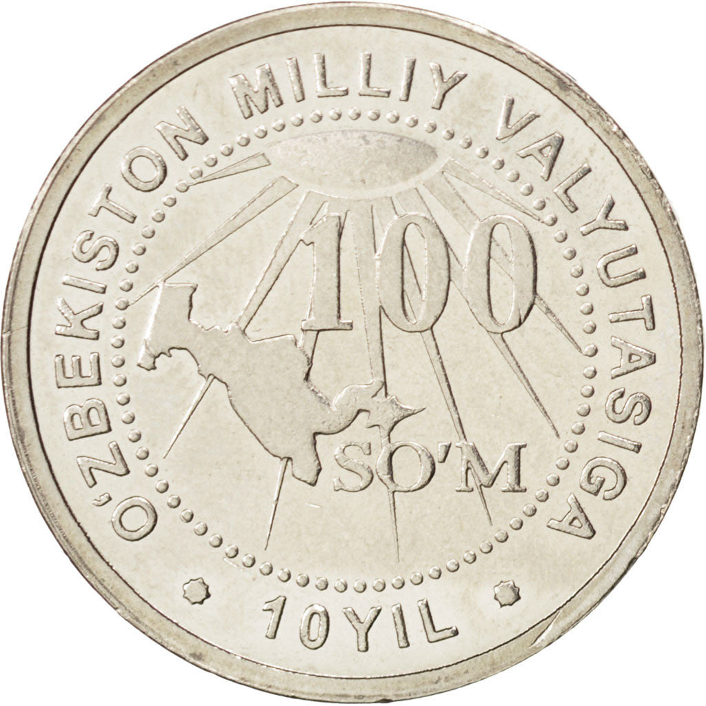 Uzbekistan, 100 Som, 2004, SPL, Acciaio placcato nichel, KM:17