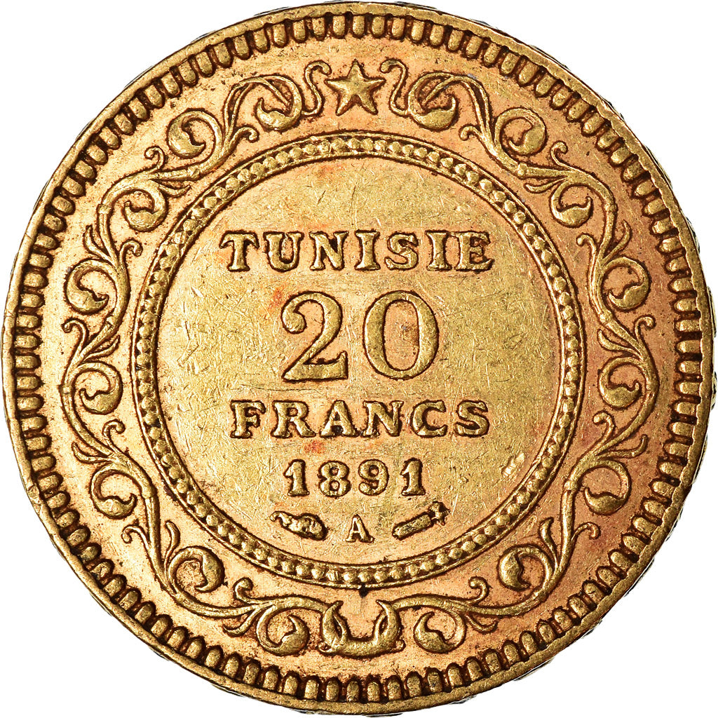 Münze, Tunesien, Ali Bey, 20 Francs, 1891, Paris, VZ, Gold, KM:227