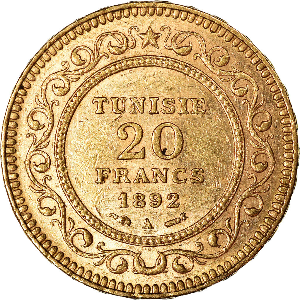 Moneta, Tunisia, Ali Bey, 20 Francs, 1892, Paris, BB+, Oro, KM:227, Lecompte:444