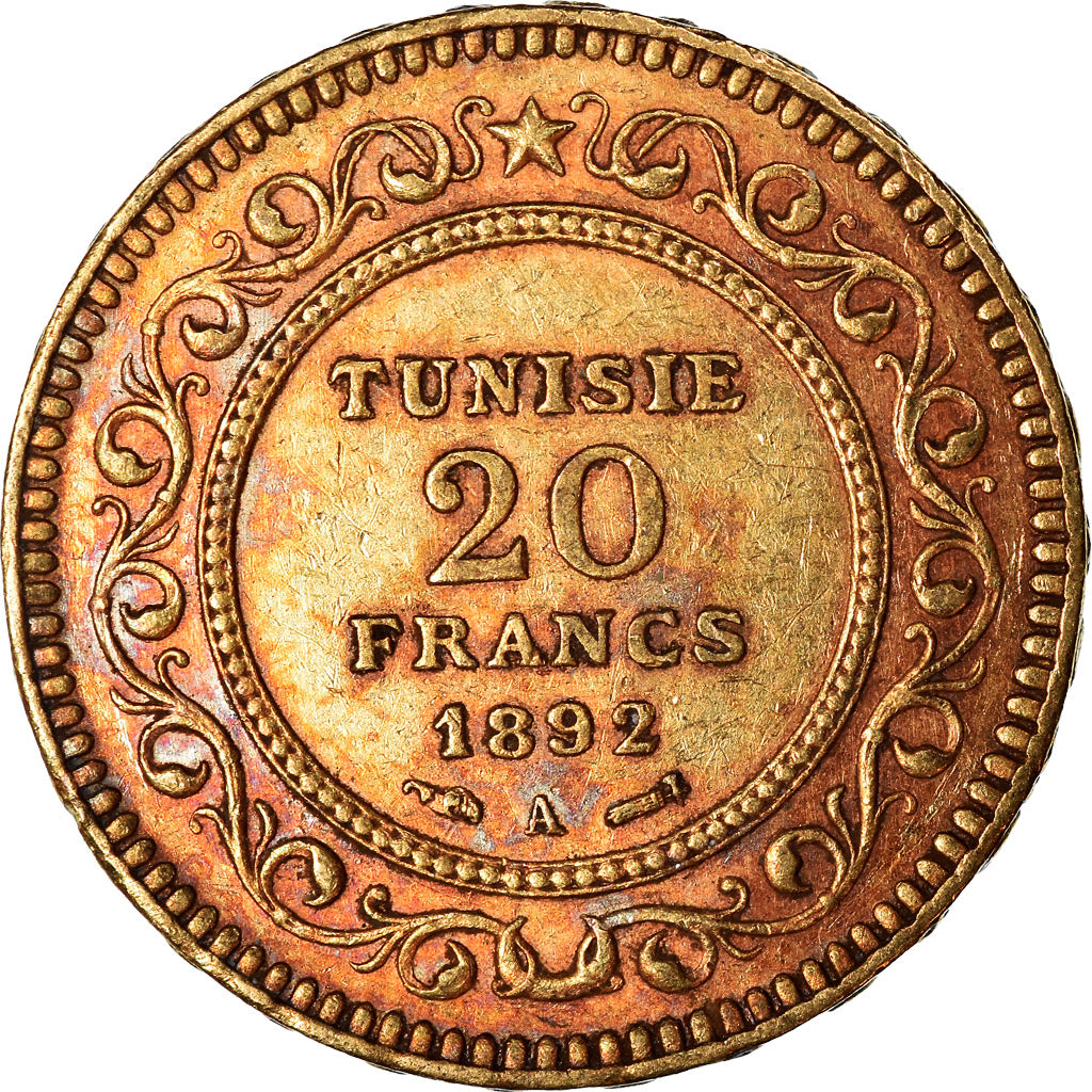 Münze, Tunesien, Ali Bey, 20 Francs, 1892, Paris, SS+, Gold, KM:227