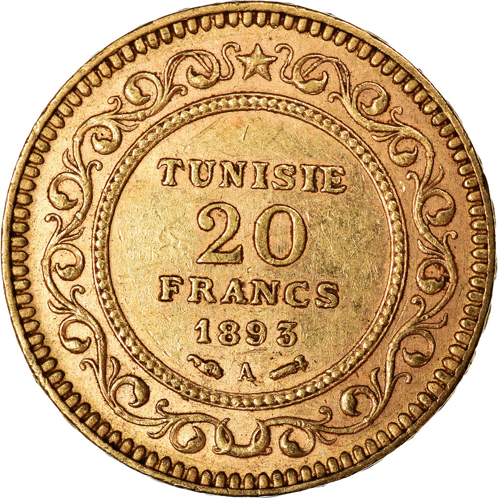 Moneta, Tunisia, Ali Bey, 20 Francs, 1893, Paris, BB+, Oro, KM:227, Lecompte:446