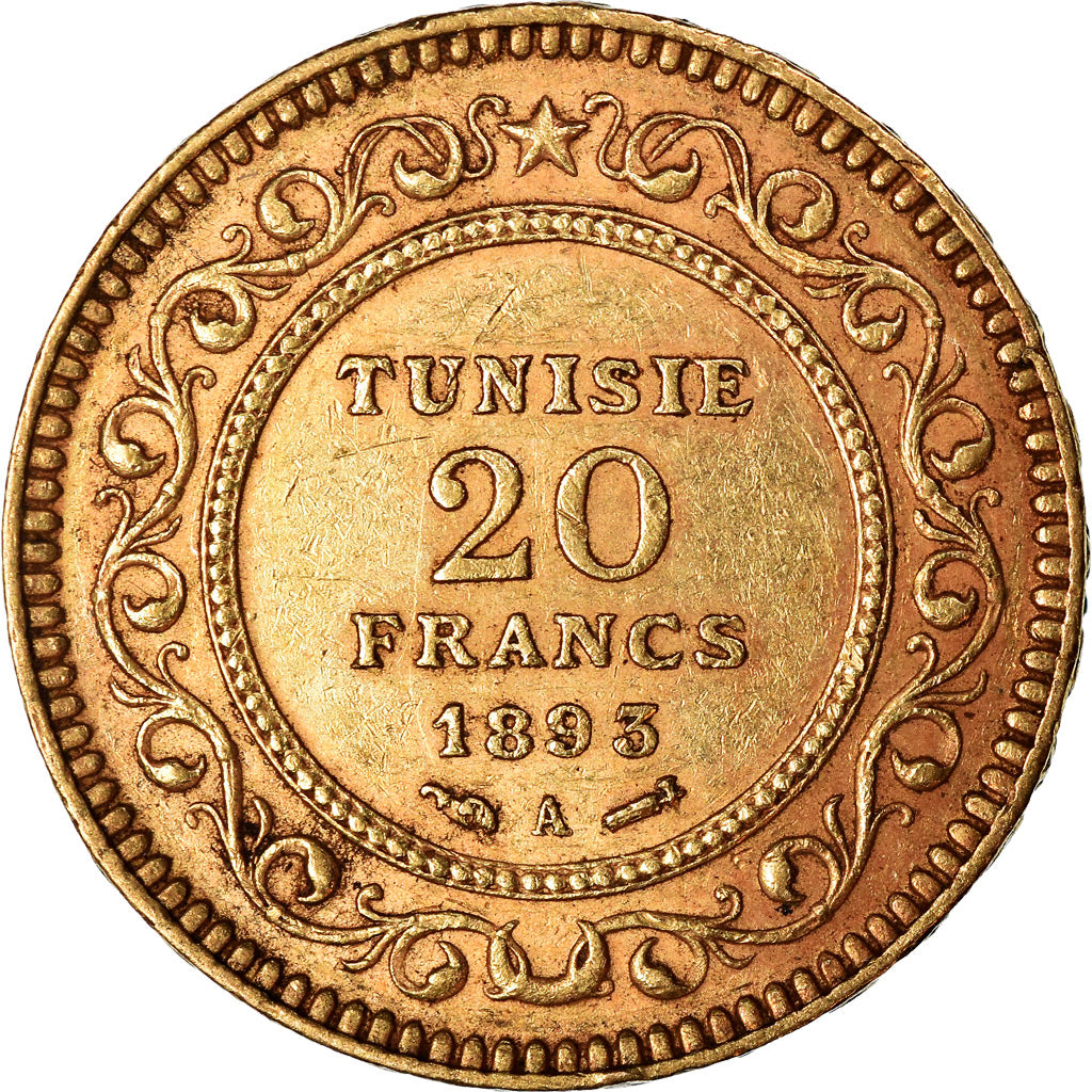 Münze, Tunesien, Ali Bey, 20 Francs, 1893, Paris, SS+, Gold, KM:227