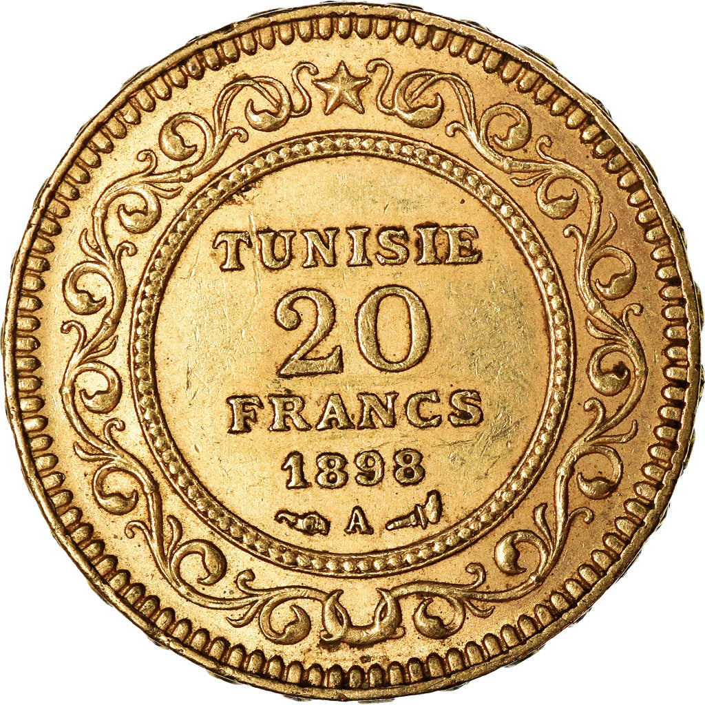 Moneta, Tunisia, Ali Bey, 20 Francs, 1898, Paris, BB+, Oro, KM:227, Lecompte:452