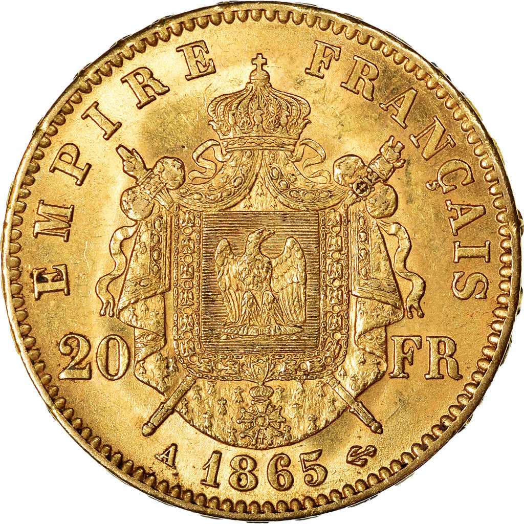 Moneta, Francia, Napoleon III, 20 Francs, 1865, Paris, SPL, Oro, KM:801.1
