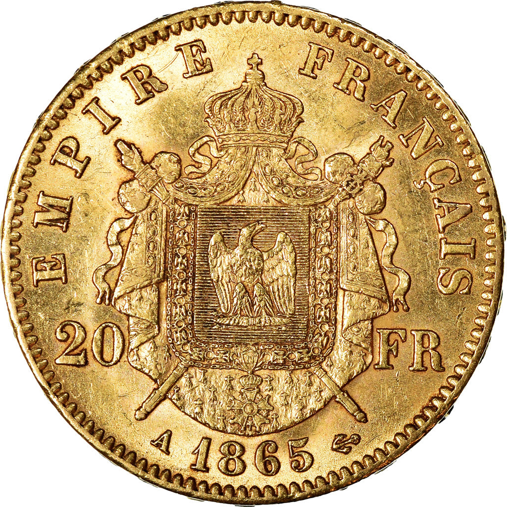Moneta, Francia, Napoleon III, 20 Francs, 1865, Paris, SPL, Oro, KM:801.1