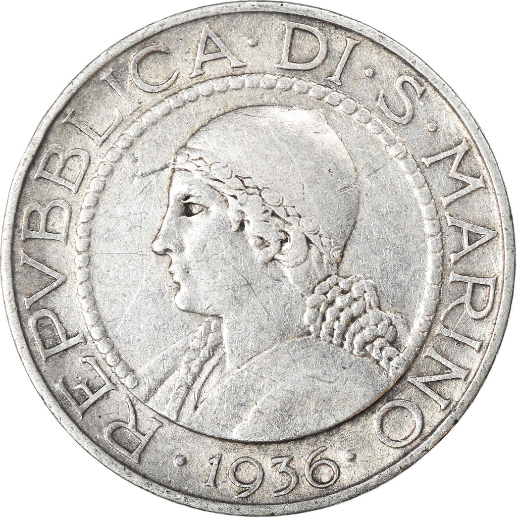Moneta, San Marino, 5 Lire, 1936, Rome, MB+, Argento, KM:9