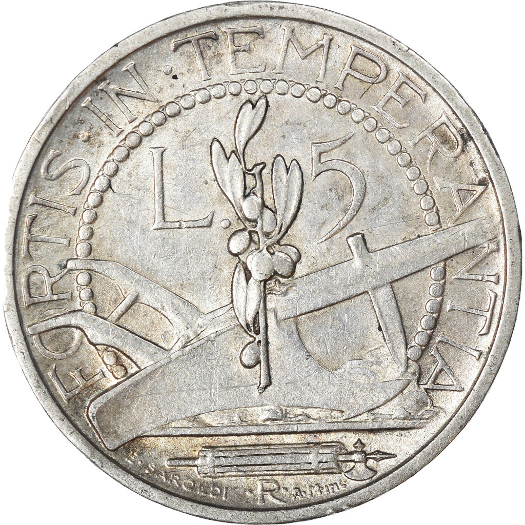 Moneta, San Marino, 5 Lire, 1938, Rome, MB+, Argento, KM:9