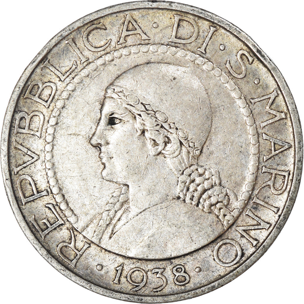 Moneta, San Marino, 5 Lire, 1938, Rome, MB+, Argento, KM:9