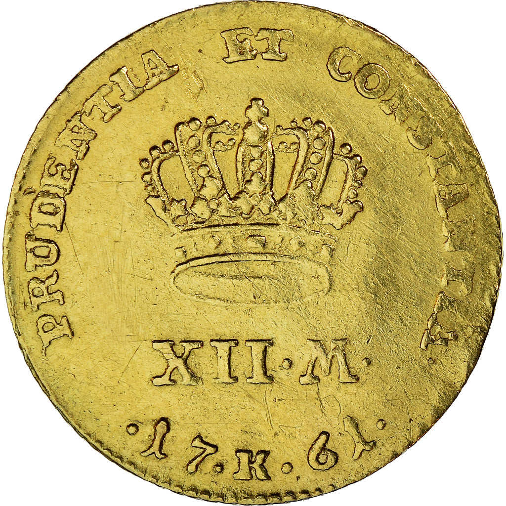 Coin, Denmark, Frederik V, 12 Mark, Ducat Courant, 1761, EF(40-45), Gold