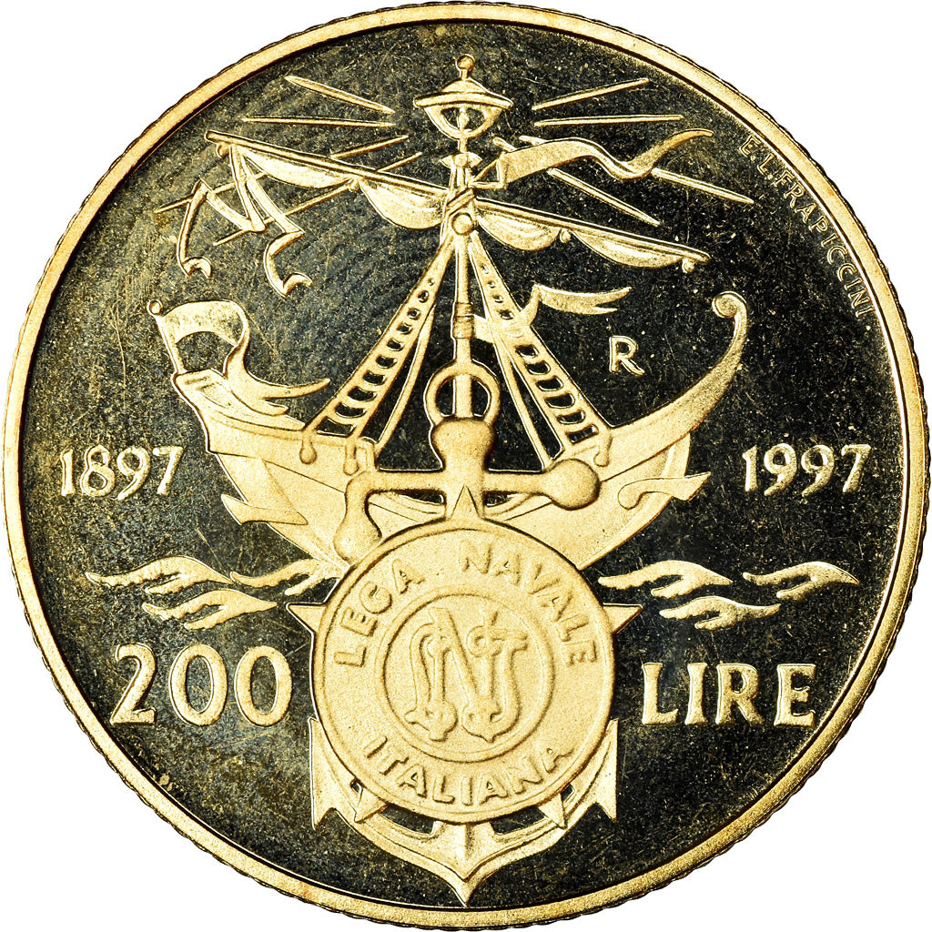 Coin, Italy, 200 Lire, 1997, Rome, Proof, MS(65-70), Aluminum-Bronze, KM:186