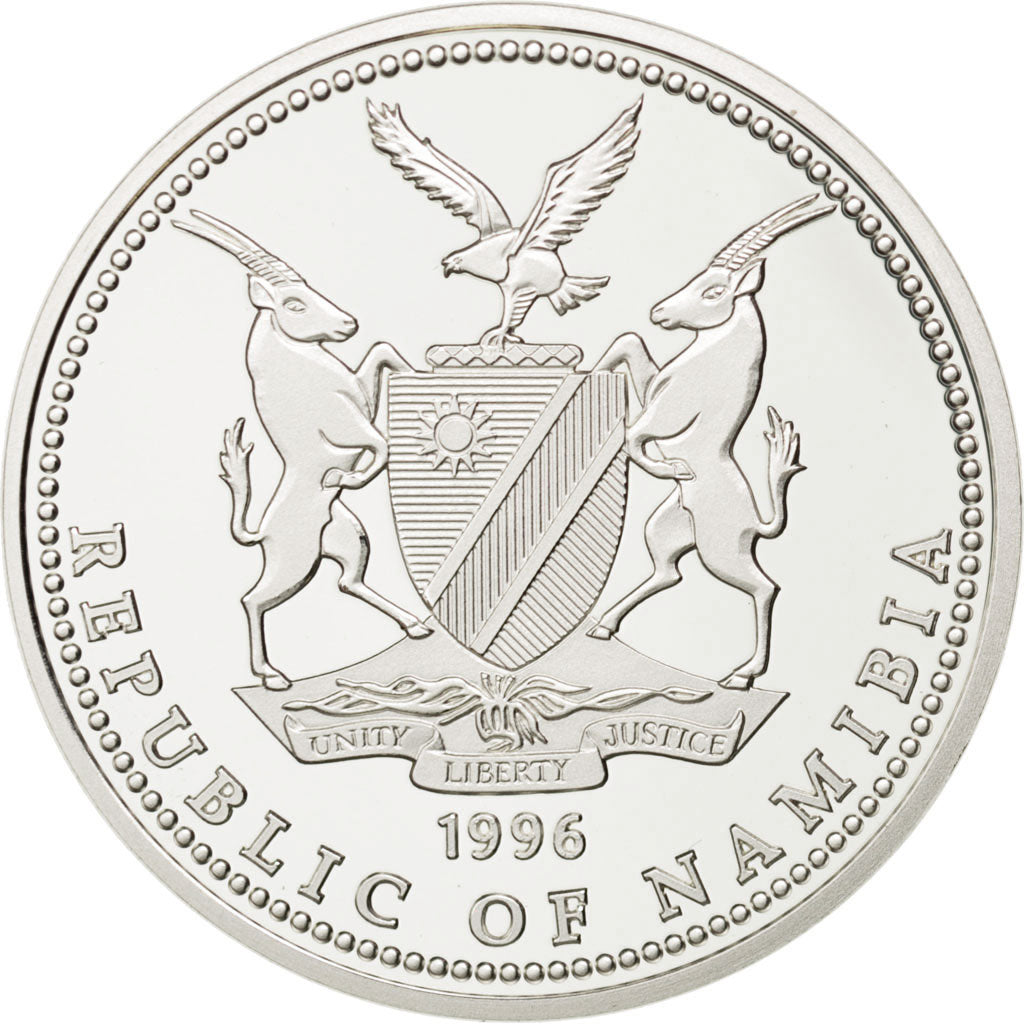 NAMIBIA, 10 Dollars, 1996, KM #11, MS(63), Silver, 25.02