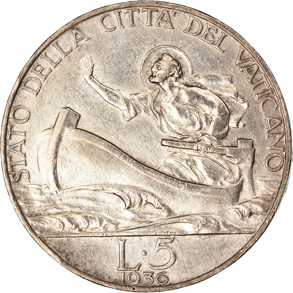 Coin, VATICAN CITY, Pius XI, 5 Lire, 1936, AU(55-58), Silver, KM:7