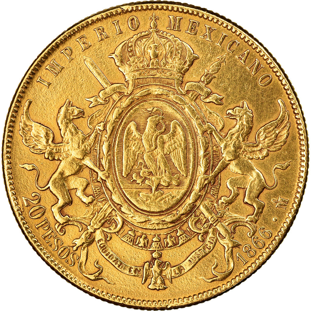 Moneda, México, Maximilian, 20 Pesos, 1866, Mexico City, Rare, MBC+, Oro