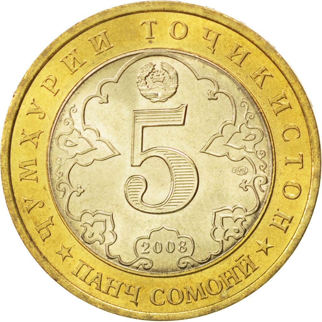 TAJIKISTAN, 5 Somoni, 2008, KM #17, MS(63), Bi-Metallic, 26.5, 6.84