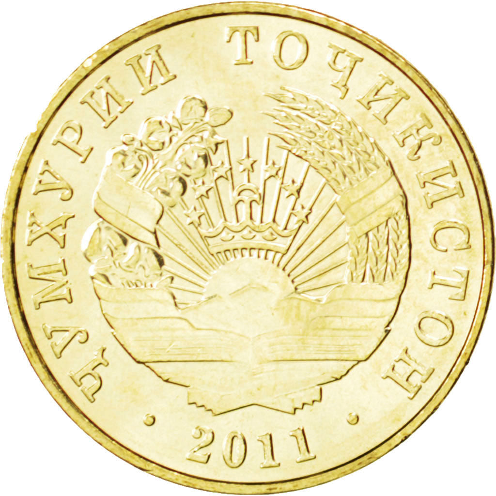 TAJIKISTAN, 5 Dirams, 2011, KM #23, MS(63), Copper-Brass, 18, 2.00