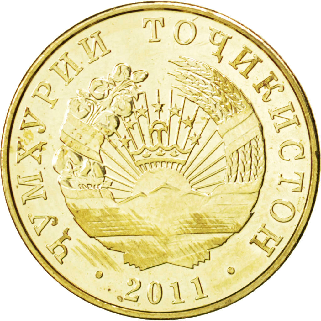TAJIKISTAN, 10 Dirams, 2011, KM #24, MS(63), Copper-Brass, 20.5, 3.02