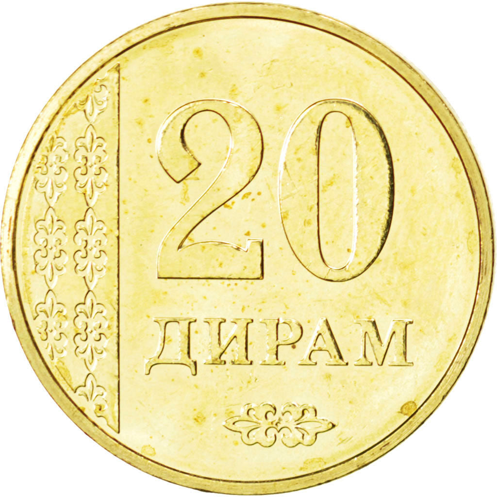 TAJIKISTAN, 20 Dirams, 2011, KM #25, MS(63), Copper-Brass, 4.52