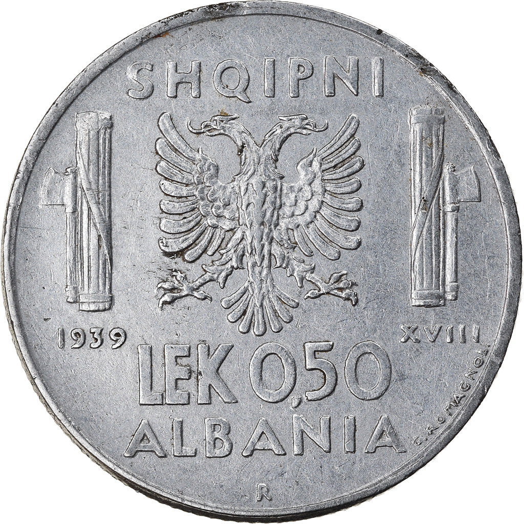 Moneta, Albania, Vittorio Emanuele III, 0.50 Lek, 1939, Rome, AU(50-53), Stal