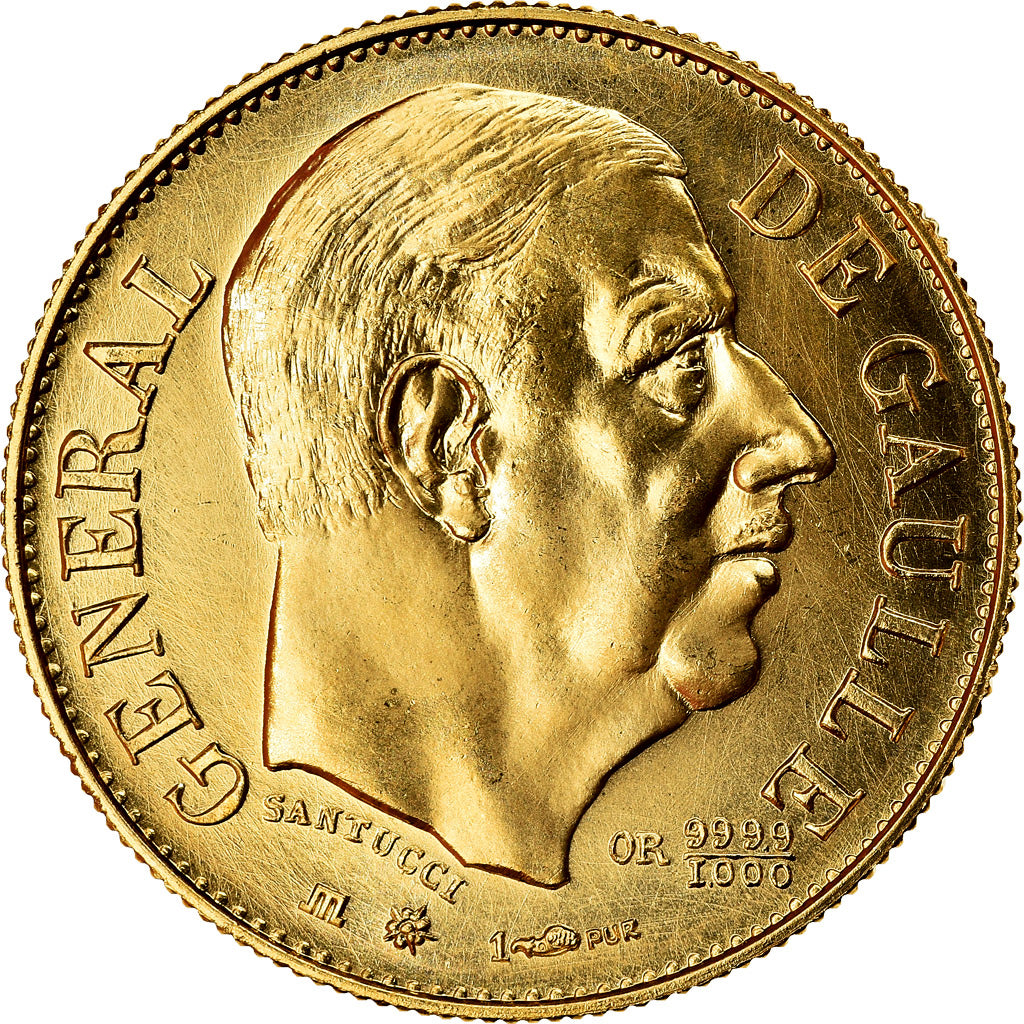 France, Medal, Charles de Gaulle, 1980, MS(65-70), Gold