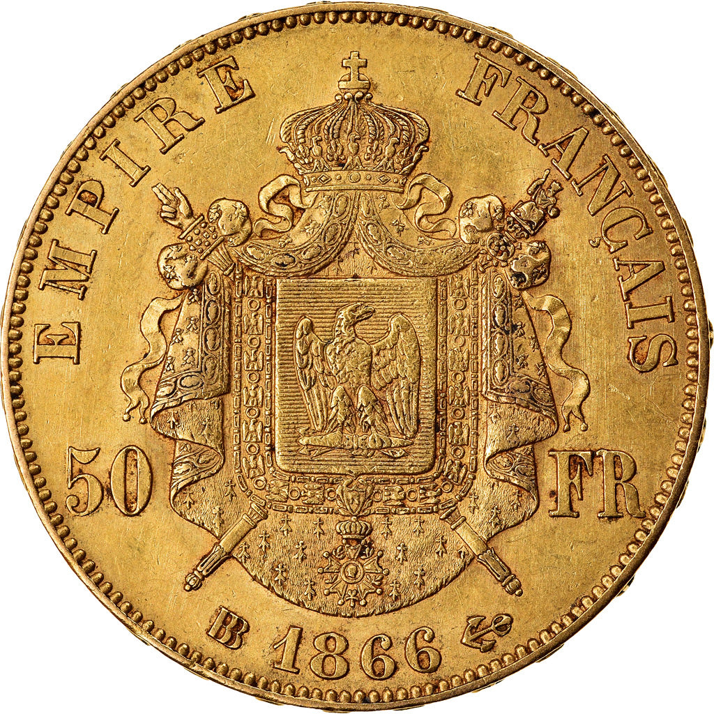 Moneda, Francia, Napoleon III, 50 Francs, 1866, Strasbourg, MBC+, Oro